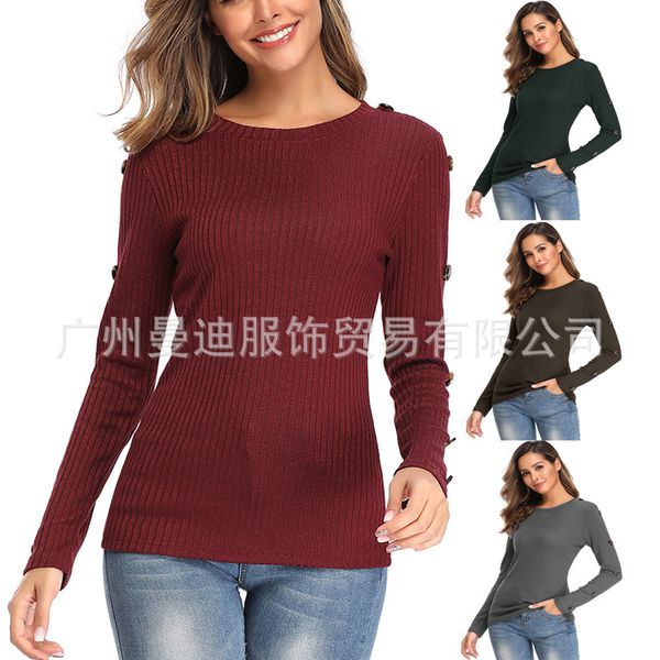 autumn and winter round neck button long sleeve slim stretch solid color sweater pullover top, White
autumn and winter round neck button long sleeve slim stretch solid color sweater pullover top, White