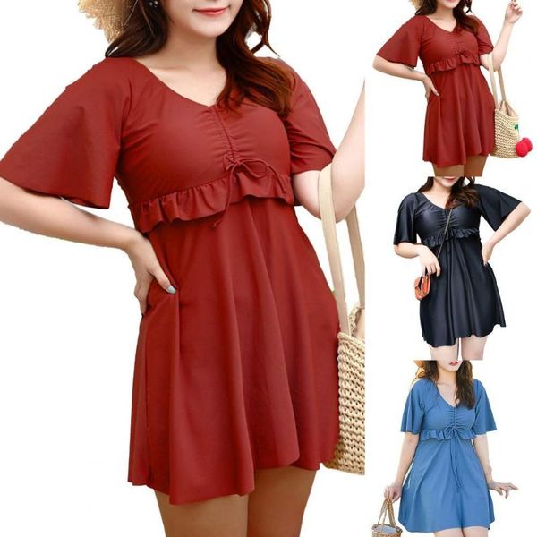 women's swimwear short sleeve solid color ruffle v-neck drawstring one-piece bathing suit for spa, White;black
women's swimwear short sleeve solid color ruffle v-neck drawstring one-piece bathing suit for spa, White;black