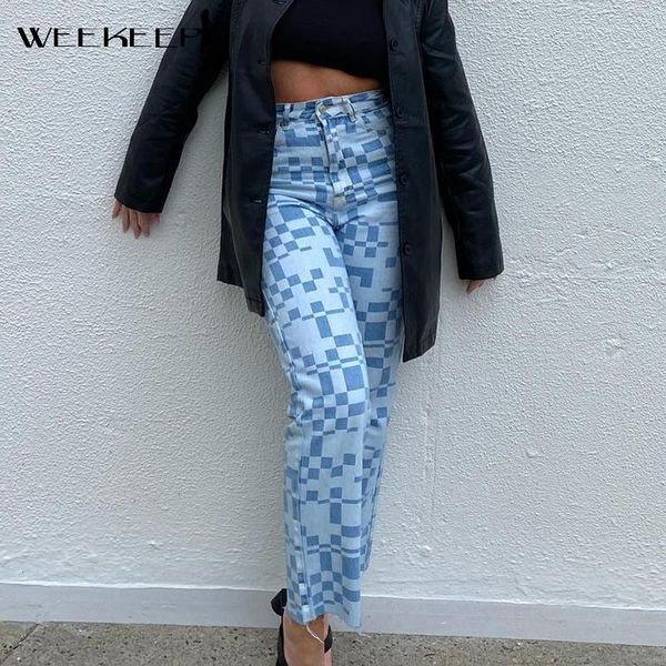 women's jeans weekeep plaid print straight women high waist streetwear denim long pants summer y2k aesthetic vintage trousers 90s casua, Blue
women's jeans weekeep plaid print straight women high waist streetwear denim long pants summer y2k aesthetic vintage trousers 90s casua, Blue