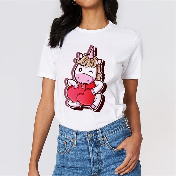 unicorn heart print casual funny women yong girl tee, White 
unicorn heart print casual funny women yong girl tee, White
