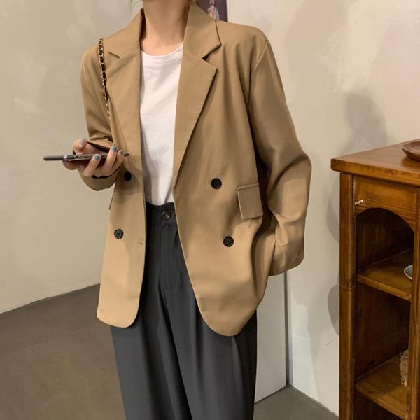 women's suits & blazers 2021 autumn winter black double breasted blazer notched collar casual loose office workwear chic outwear ladies, White;black
women's suits & blazers 2021 autumn winter black double breasted blazer notched collar casual loose office workwear chic outwear ladies, White;black