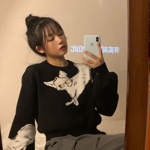 2021 new loose sweater female design sense autumn kitty jacquard knitted trend cw8o, White;black
2021 new loose sweater female design sense autumn kitty jacquard knitted trend cw8o, White;black