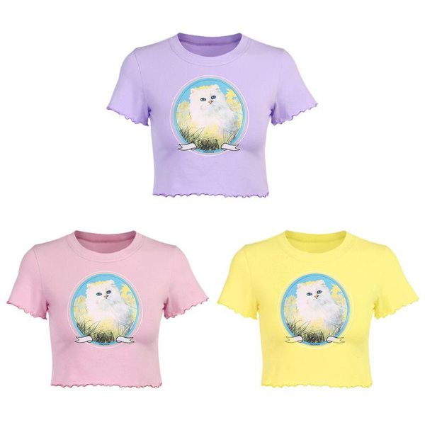 women's t-shirt women short sleeve ruffles trim crop harajuku cute cat print bodycon f42f, White
women's t-shirt women short sleeve ruffles trim crop harajuku cute cat print bodycon f42f, White