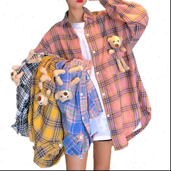 women blouses turn down collar autumn shirts plaid bear toy in pocket all match blusas loose outwear harajuku casual streetwear, White
women blouses turn down collar autumn shirts plaid bear toy in pocket all match blusas loose outwear harajuku casual streetwear, White