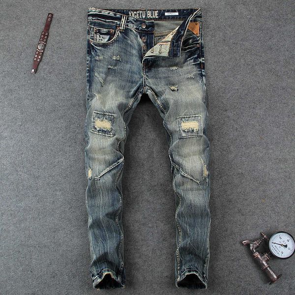 men's jeans italian style fashion men slim fit destroyes ripped cotton denim pants streetwear retro vintage long trousers vgmo x3m5, Blue
men's jeans italian style fashion men slim fit destroyes ripped cotton denim pants streetwear retro vintage long trousers vgmo x3m5, Blue