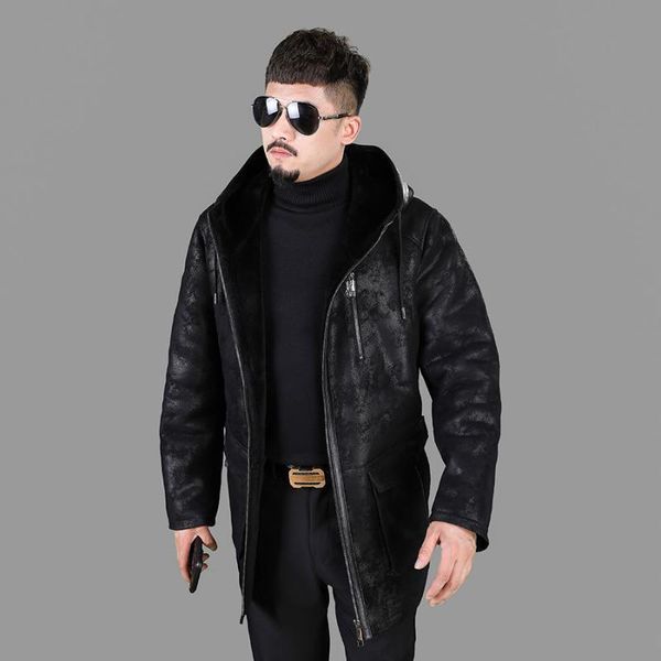men's leather & faux haining medium long original ecological high-grade sheepskin fur integrated winter wool warm coat, Black
men's leather & faux haining medium long original ecological high-grade sheepskin fur integrated winter wool warm coat, Black