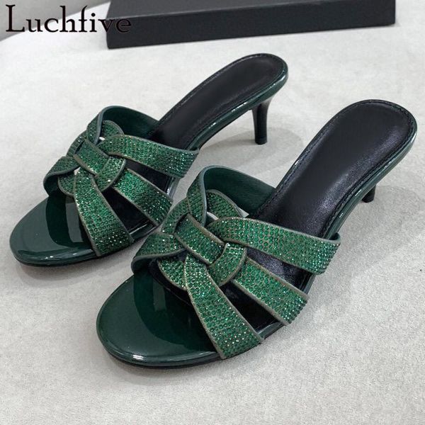 slippers full diamonds kitten heels peep toe mule shoes woman hollow leisure sandals summer crystal green ladies, Black 
slippers full diamonds kitten heels peep toe mule shoes woman hollow leisure sandals summer crystal green ladies, Black