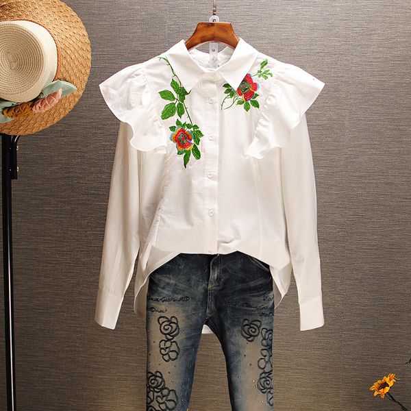 women's upper white shirt embroidered national style candy lapel cotton long sleeve ladies thin mujer shirts txh2, Black
women's upper white shirt embroidered national style candy lapel cotton long sleeve ladies thin mujer shirts txh2, Black