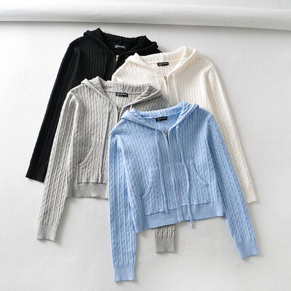 2021 autumn 90s vintage striped twist knitting hooded cardigan cropped women pockets zipper sweater long sleeve short jumper, White;black
2021 autumn 90s vintage striped twist knitting hooded cardigan cropped women pockets zipper sweater long sleeve short jumper, White;black