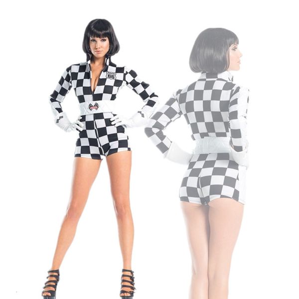 black and white plaid one-piece motorcycle racing suit, team leader's uniform, women's uniform
black and white plaid one-piece motorcycle racing suit, team leader's uniform, women's uniform