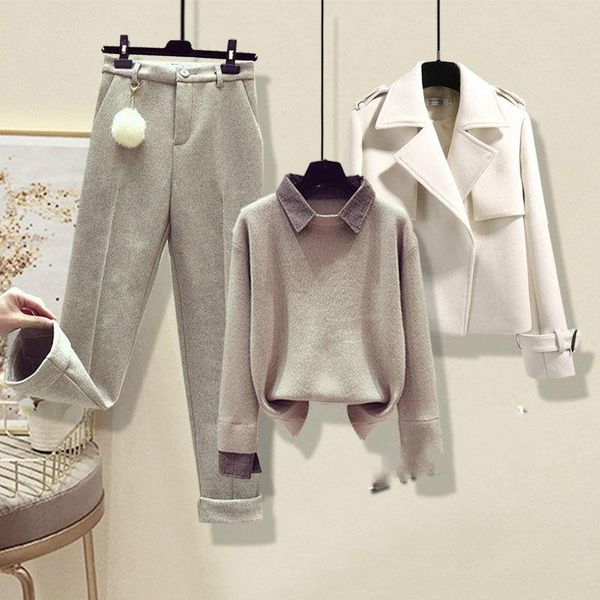 women's two piece pants women 2021 winter fashion 3 sets female solid color woolen coats and slim ladies loose casual suits q304, White
women's two piece pants women 2021 winter fashion 3 sets female solid color woolen coats and slim ladies loose casual suits q304, White