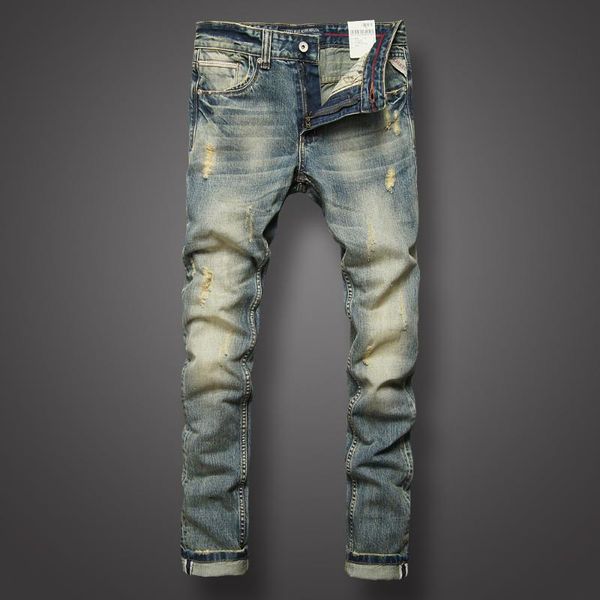 men's pants italian fashion jeans with holes worn out, washed and polished yellow, slim fitting, Black