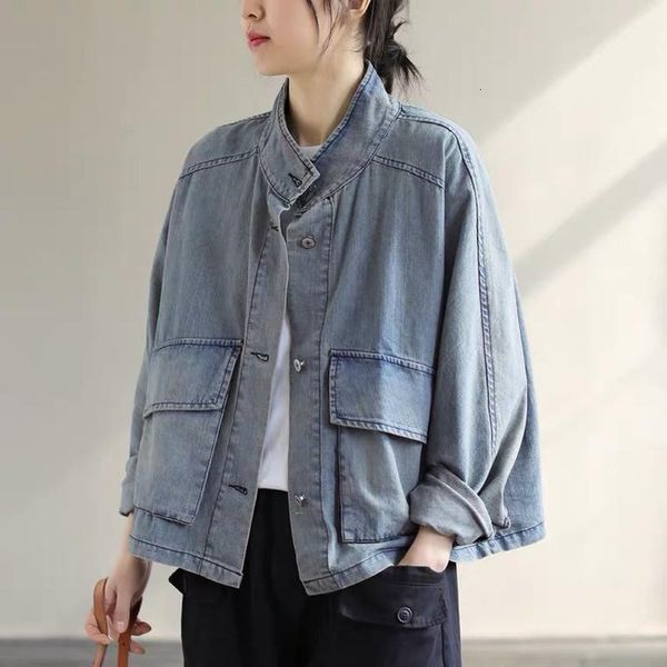women's jackets original big size loose art long sleeve short spring coat white collar wash denim mwcv, Black;brown
women's jackets original big size loose art long sleeve short spring coat white collar wash denim mwcv, Black;brown