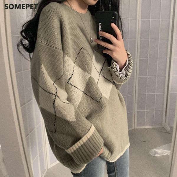 women's sweaters woman argyle autumn winter 2021 pullovers long sleeve o-neck loose knitted korean casual vintage jumper, White;black
women's sweaters woman argyle autumn winter 2021 pullovers long sleeve o-neck loose knitted korean casual vintage jumper, White;black