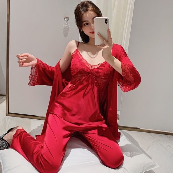 women's sleepwear lace trim 3pcs pajamas set women spring summer hollow out nightwear pijamas suit casual loose satin home we, Black;red
women's sleepwear lace trim 3pcs pajamas set women spring summer hollow out nightwear pijamas suit casual loose satin home we, Black;red