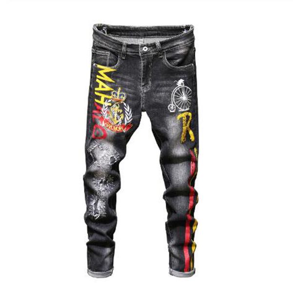 2021 new trendy brand ripped jeans men's beggar print trend slim personality pants stretch chinese style trousers he98, Blue
2021 new trendy brand ripped jeans men's beggar print trend slim personality pants stretch chinese style trousers he98, Blue