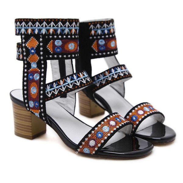 dress shoes summer women's sandals embroidered women ethnic style retro thick heel open toe, Black