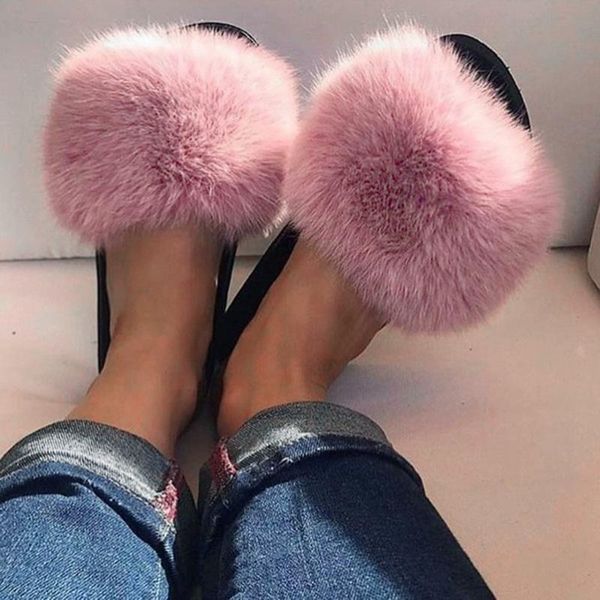 slippers women summer fur slides non-slip fluffy furry ladies cute plush hair, Black