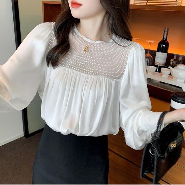 women's blouses & shirts vintage female shirt satin beaded mesh patchwork chiffon fashion office lady work wear clothes social 2021, White
women's blouses & shirts vintage female shirt satin beaded mesh patchwork chiffon fashion office lady work wear clothes social 2021, White