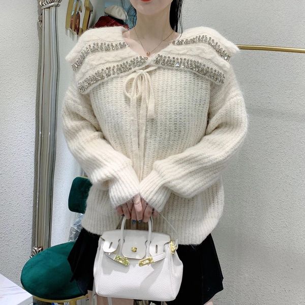 2021 autumn and winter new beading belt peter pan collar loose solid thick sweaters for women m4cj, White;black
2021 autumn and winter new beading belt peter pan collar loose solid thick sweaters for women m4cj, White;black