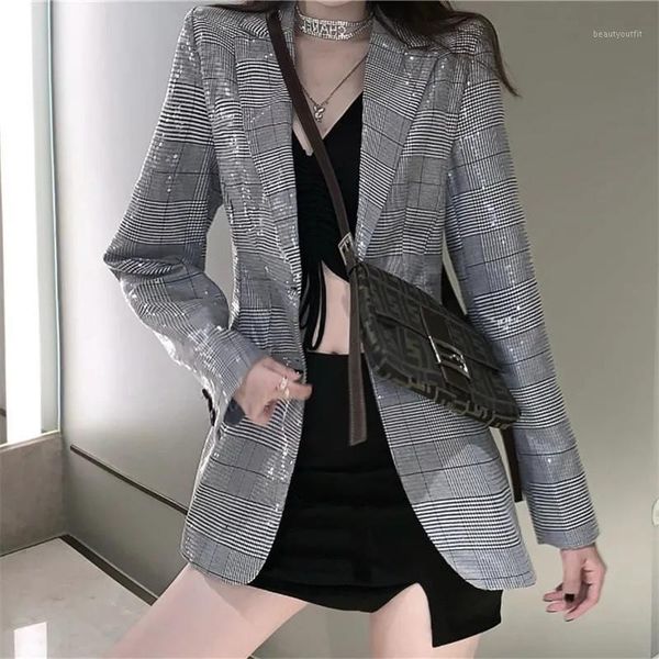 women's suits & blazers autumn loose casual women slim grey sequin plaid notched collar long sleeve office ladies suit jacket streetwea, White;black
women's suits & blazers autumn loose casual women slim grey sequin plaid notched collar long sleeve office ladies suit jacket streetwea, White;black