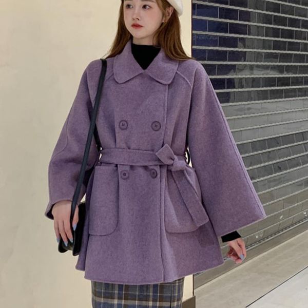 women's wool & blends autumn winter korean style loose belt double breasted temperament woolen woman's jacket coat, Black
women's wool & blends autumn winter korean style loose belt double breasted temperament woolen woman's jacket coat, Black