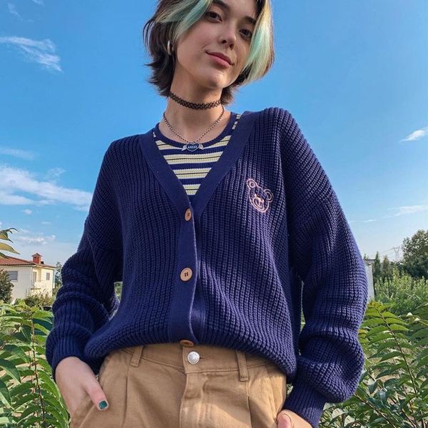 women's knits & tees autumn women loose casual knitwear sweaters ladies female navy bear embroidery pattern button-down knitted cardiga, White
women's knits & tees autumn women loose casual knitwear sweaters ladies female navy bear embroidery pattern button-down knitted cardiga, White