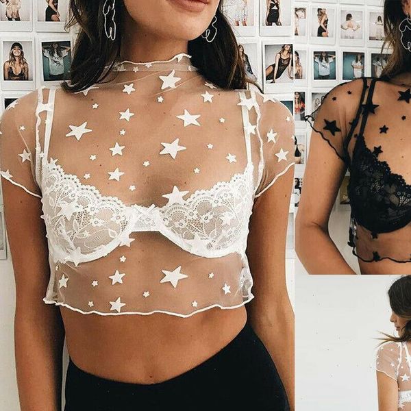 fashion women lace see through star mesh crop tank short sleeve sheer short, White
fashion women lace see through star mesh crop tank short sleeve sheer short, White