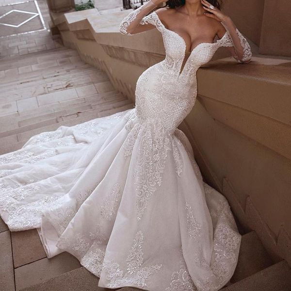 party dresses luxury mermaid gown wedding dress deep v neck off the shoulder tulle hollow sleeves bridal custom made, White;black
party dresses luxury mermaid gown wedding dress deep v neck off the shoulder tulle hollow sleeves bridal custom made, White;black