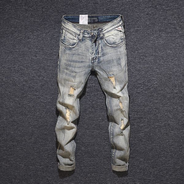 2021 new italian style fashion slim fit retro yellow washed elastic ripped men hip hop pants vintage designer jeans homme mj84, Blue
2021 new italian style fashion slim fit retro yellow washed elastic ripped men hip hop pants vintage designer jeans homme mj84, Blue