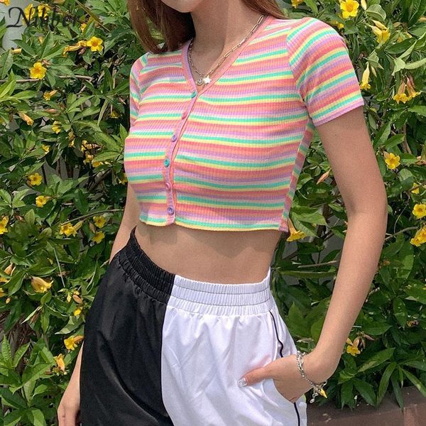 popular rainbow colors stripe slim v-neck tshirt cropwoman elegant leisure high street basic tees elastic clother, White
popular rainbow colors stripe slim v-neck tshirt cropwoman elegant leisure high street basic tees elastic clother, White