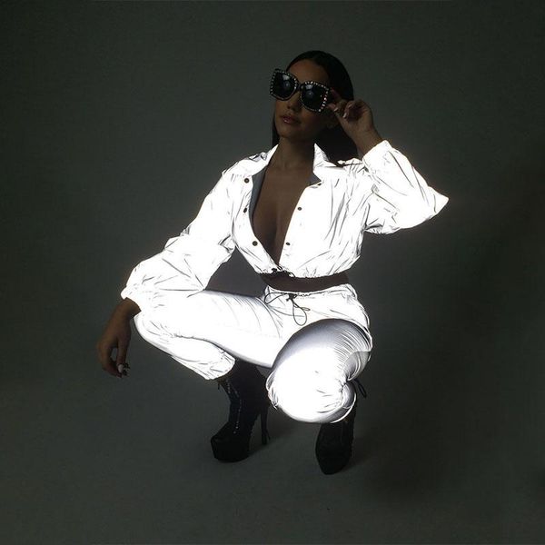 women's two piece pants women reflective tracksuit sets casual biker style crop single breasted cardigan pencil outfit, White
women's two piece pants women reflective tracksuit sets casual biker style crop single breasted cardigan pencil outfit, White