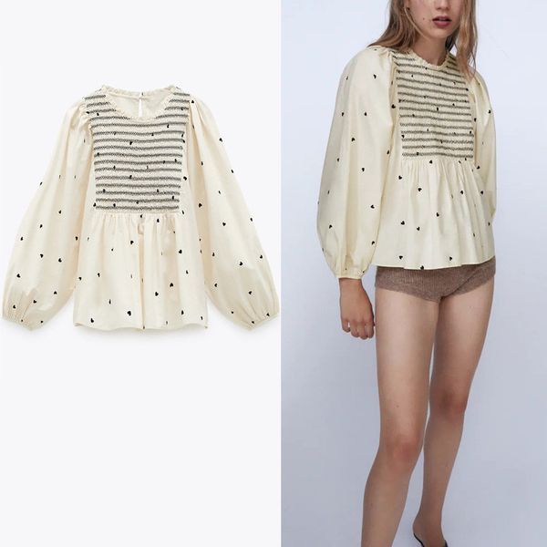 za heart print blouse women o-neck long balloon sleeve shirts woman chic back opening smock female elegant poplin 210225, White
za heart print blouse women o-neck long balloon sleeve shirts woman chic back opening smock female elegant poplin 210225, White