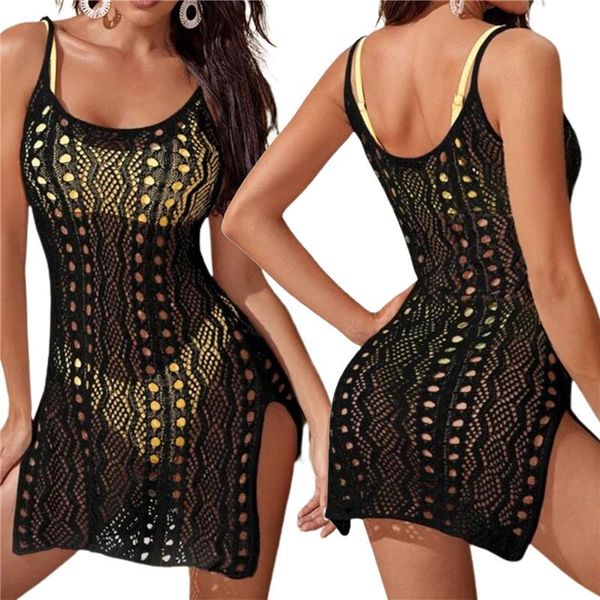 women's swimwear solid color bikini cover ups women sleeveless side split hollow out sling dress for summer, White;black
women's swimwear solid color bikini cover ups women sleeveless side split hollow out sling dress for summer, White;black