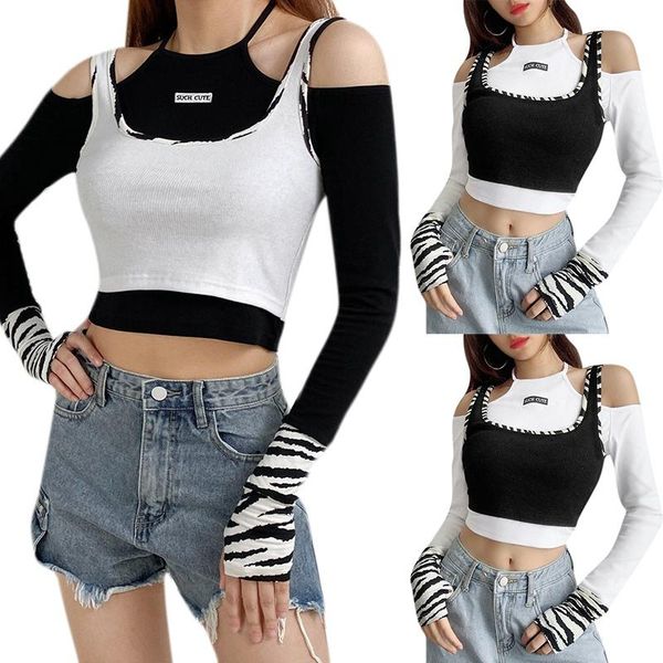 women's t-shirt autumn & tees long sleeve fake 2 pieces shirts for women halter crop slim off shoulder shirt, White
women's t-shirt autumn & tees long sleeve fake 2 pieces shirts for women halter crop slim off shoulder shirt, White