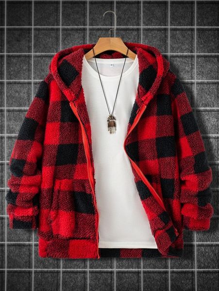 men buffalo plaid pattern kangaroo pocket teddy jacket v5al#, Black;brown
men buffalo plaid pattern kangaroo pocket teddy jacket v5al#, Black;brown