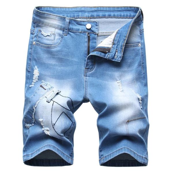 men's jeans summer ripped stretch denim shorts light blue patchwork holes distressed
men's jeans summer ripped stretch denim shorts light blue patchwork holes distressed