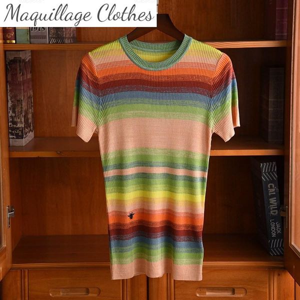 women's t-shirt summer 30% silk rainbow stripe t-shirts fashion slin fit knitted tee c561, White
women's t-shirt summer 30% silk rainbow stripe t-shirts fashion slin fit knitted tee c561, White