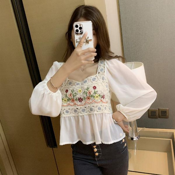 women's t-shirt 2021 summer style korean retro square neck embroidery chiffon shirt stitching hollow long-sleeved top, White
women's t-shirt 2021 summer style korean retro square neck embroidery chiffon shirt stitching hollow long-sleeved top, White
