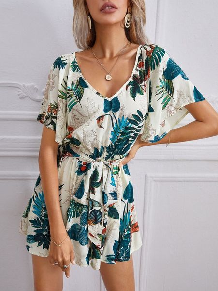 butterfly sleeve tropical print romper q5cp#, White 
butterfly sleeve tropical print romper q5cp#, White