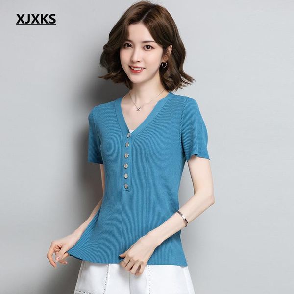 women's t-shirt xjxks 2021 summer multicolor women short-sleeved high elasticity comfortable thin knitted top, White
women's t-shirt xjxks 2021 summer multicolor women short-sleeved high elasticity comfortable thin knitted top, White