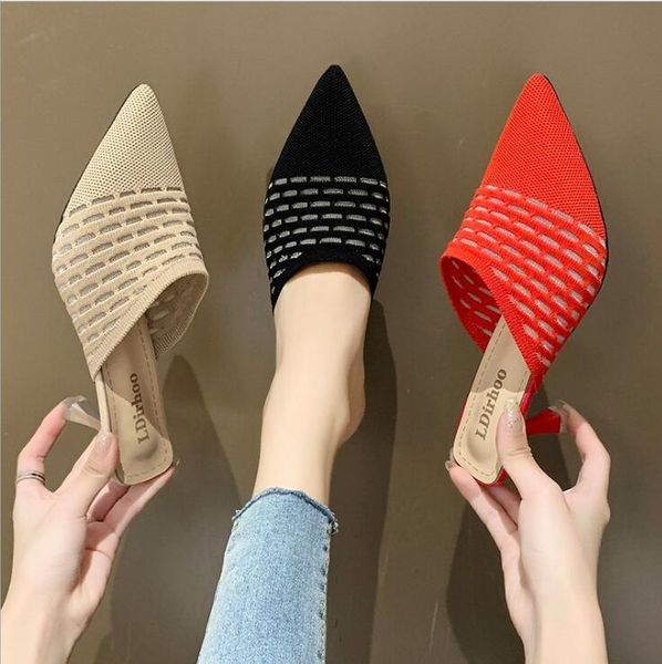 knit women shoes pointed woven high heel slipper fashion heels mules loafer casual feminine slippers sandalias zapatillas mujer, Black