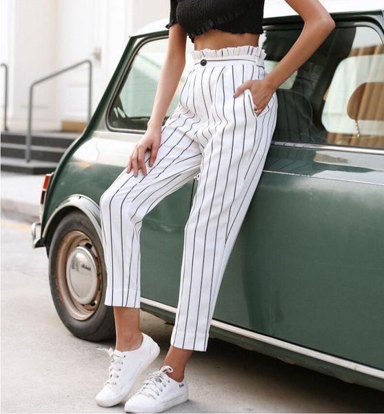 women's pants & capris 2021 summer striped basic elegant women ruffle frill casual high waist office lady ol female work wear bottoms, Black;white
women's pants & capris 2021 summer striped basic elegant women ruffle frill casual high waist office lady ol female work wear bottoms, Black;white