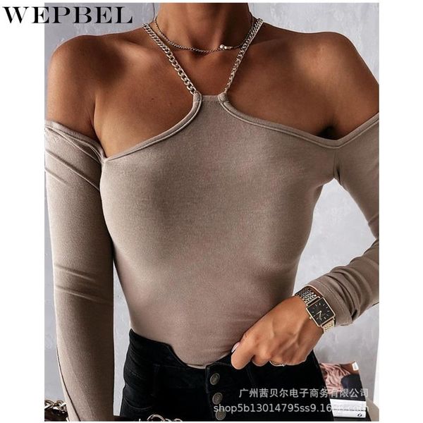 women's t-shirt wepbel elegant skinny shirt ladies fashion long sleeve off shoulder halter corset chain, White
women's t-shirt wepbel elegant skinny shirt ladies fashion long sleeve off shoulder halter corset chain, White