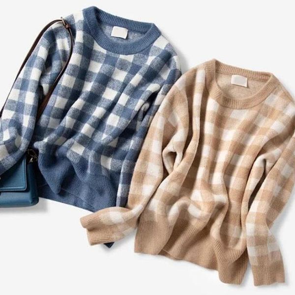 women's sweaters women sweater autumn and winter 2021 plaid round neck alpaca blend, White;black
women's sweaters women sweater autumn and winter 2021 plaid round neck alpaca blend, White;black