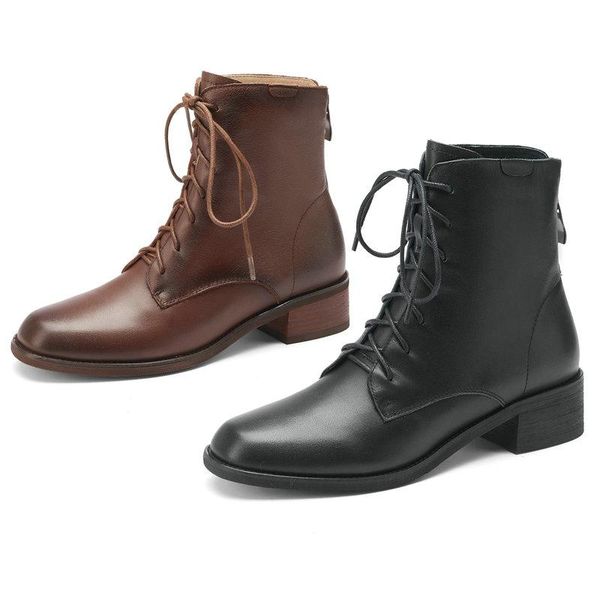 boots cross tied shoes woman genuine leather square toe chunky heels ankle for women office lady size 41 42, Black
