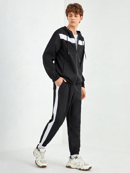 men contrast panel zip up drawstring hoodie & sweatpants 52hq#, Gray
men contrast panel zip up drawstring hoodie & sweatpants 52hq#, Gray