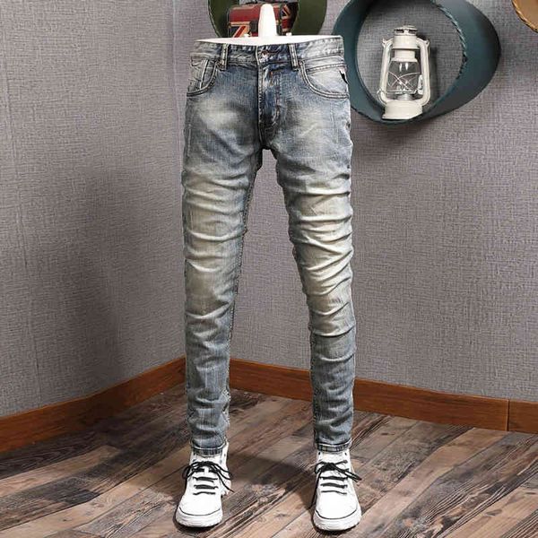 men's jeans italian style fashion men retro wash elastic slim fit denim pants classical vintage designer long trouser, Blue
men's jeans italian style fashion men retro wash elastic slim fit denim pants classical vintage designer long trouser, Blue
