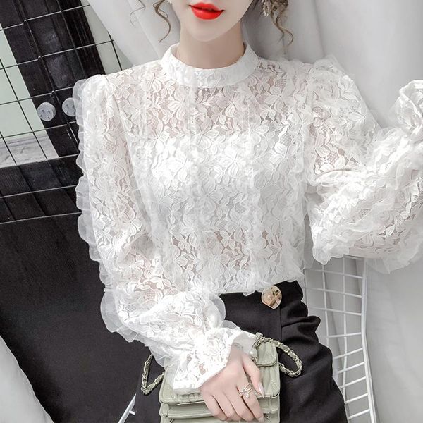 women's blouses & shirts hollow out lace shirt long sleeve spring blouse 2021 summer stand-up collar flared sleeves female top, White
women's blouses & shirts hollow out lace shirt long sleeve spring blouse 2021 summer stand-up collar flared sleeves female top, White