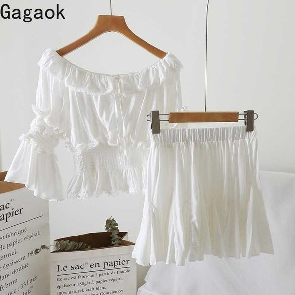 women two piece set spring autumn solid flare sleeve slash neck mini navel slim female fashion sets 210531, White
women two piece set spring autumn solid flare sleeve slash neck mini navel slim female fashion sets 210531, White